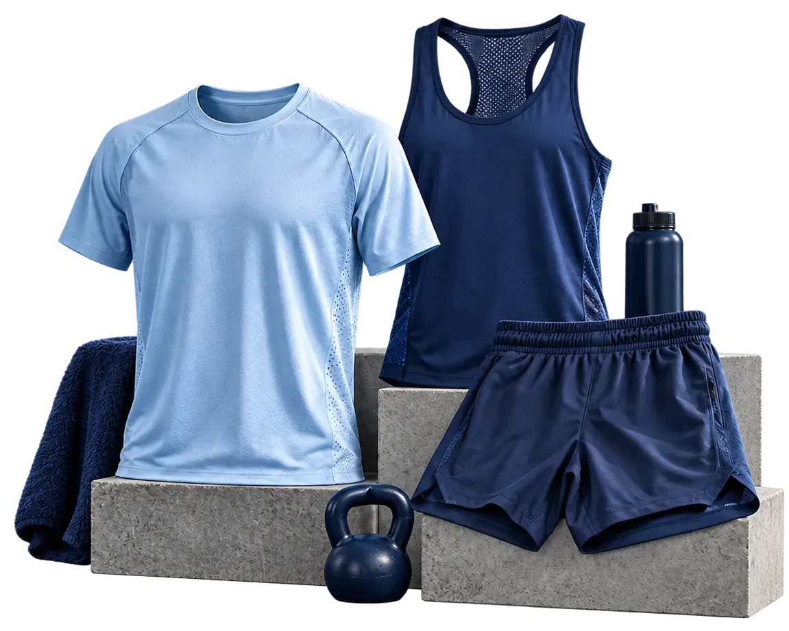 WhatsNext sportswear concept: sky-blue training tee, navy vest and shorts on concrete blocks