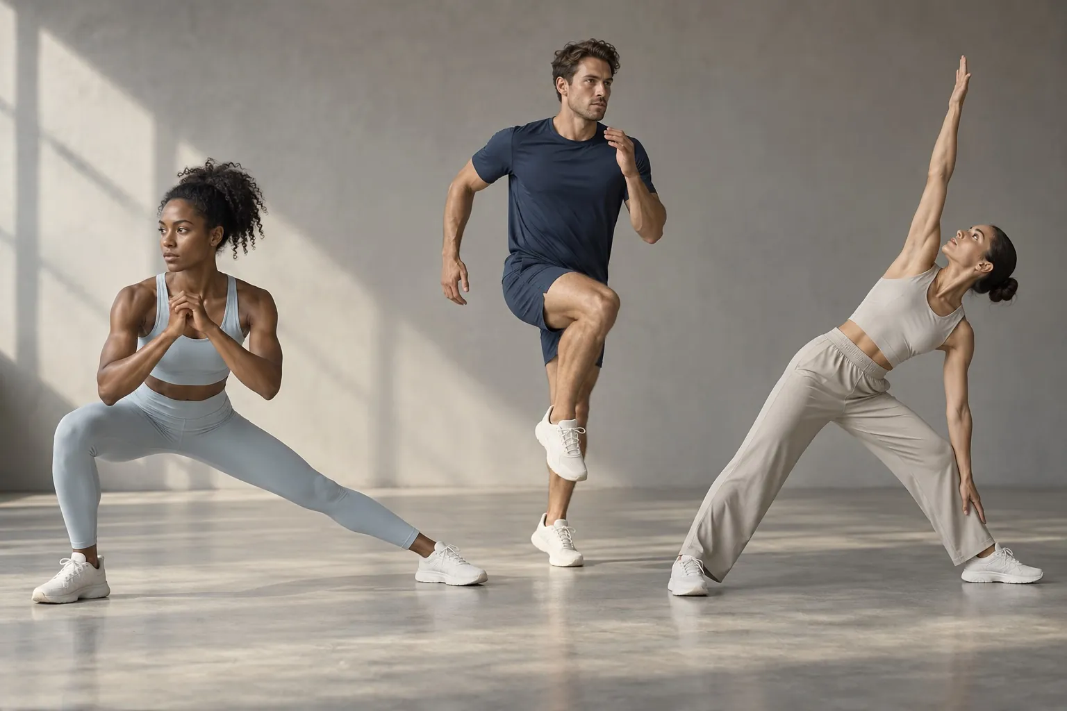 Athletes moving in coordinated training, running and studio pieces