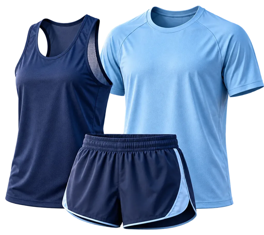 Running wear concept: navy singlet, sky-blue running tee and split shorts