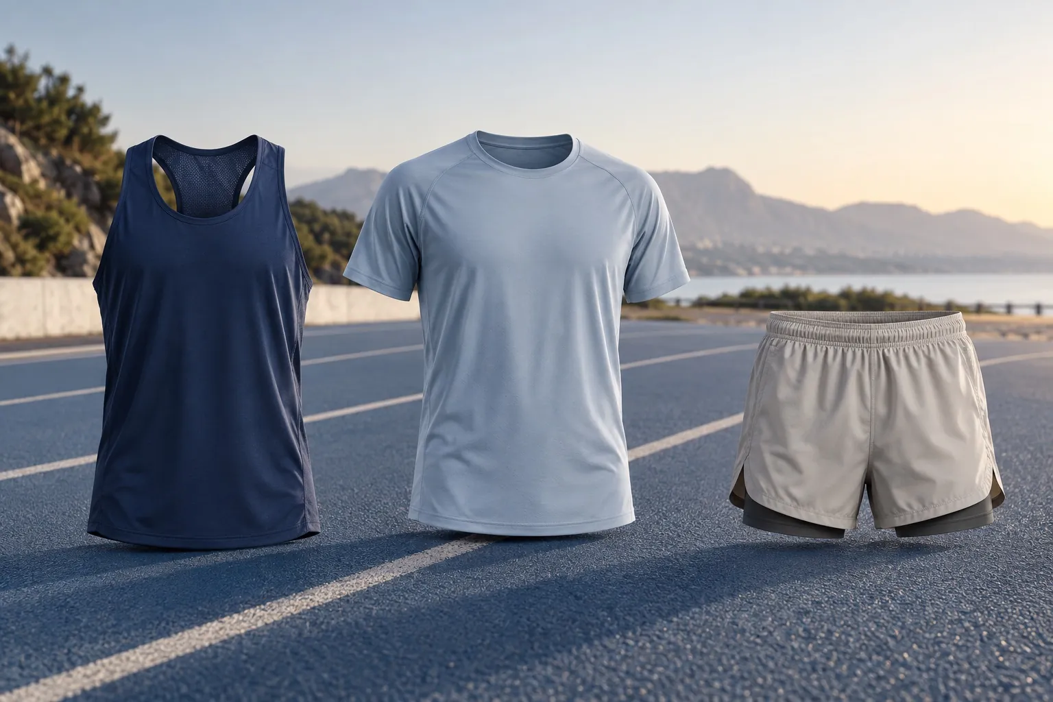 Navy singlet, sky-blue running tee and grey split shorts on a coastal road