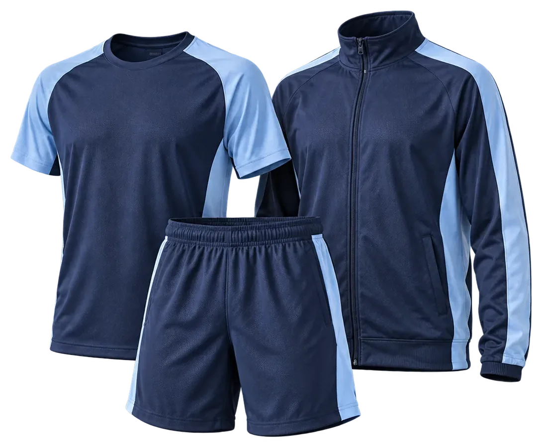 Training wear concept: navy and sky-blue training tee, shorts and track jacket