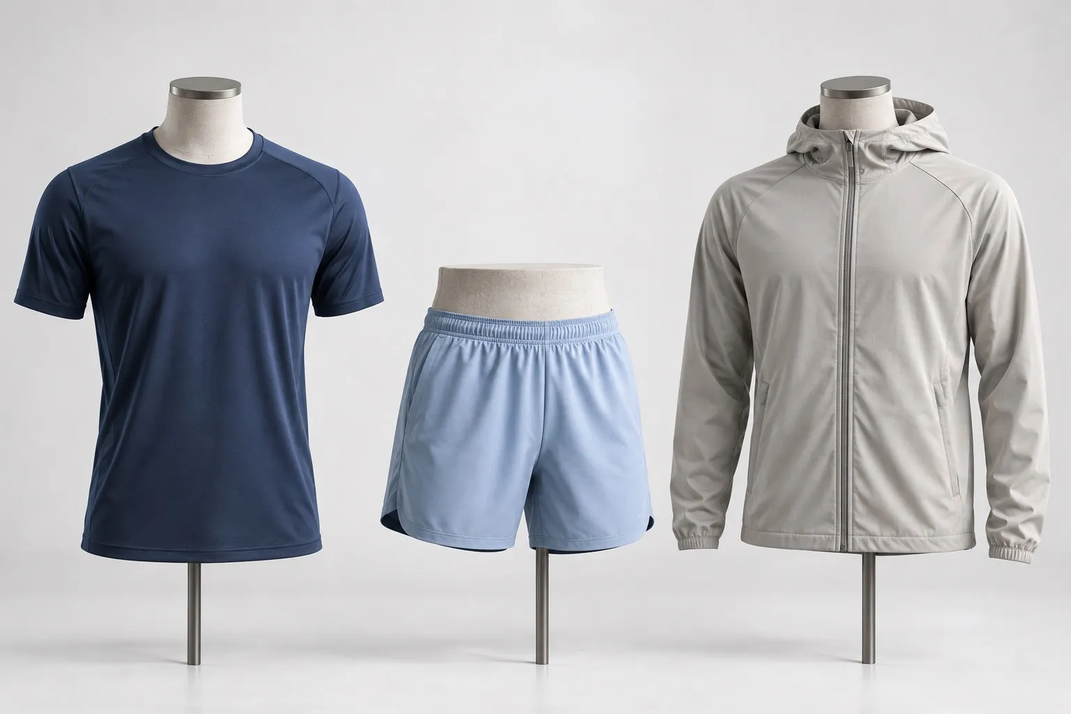 Navy training tee, sky-blue shorts and a light grey jacket on stands