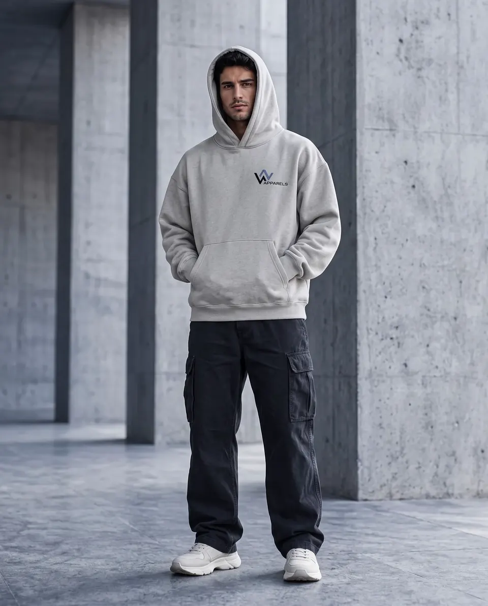 Model in an oversized heather-grey hoodie with dropped shoulders