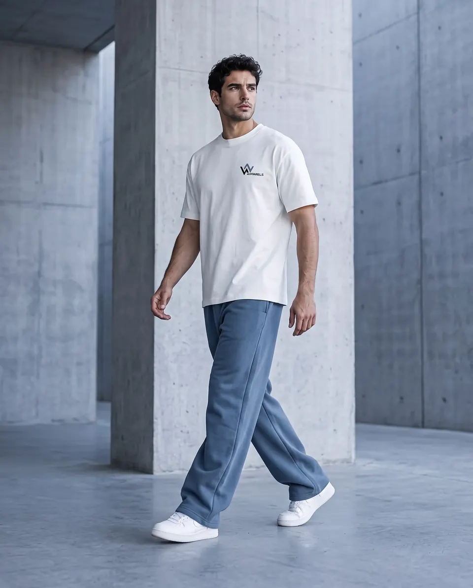 Model walking in relaxed wide-leg steel-blue joggers