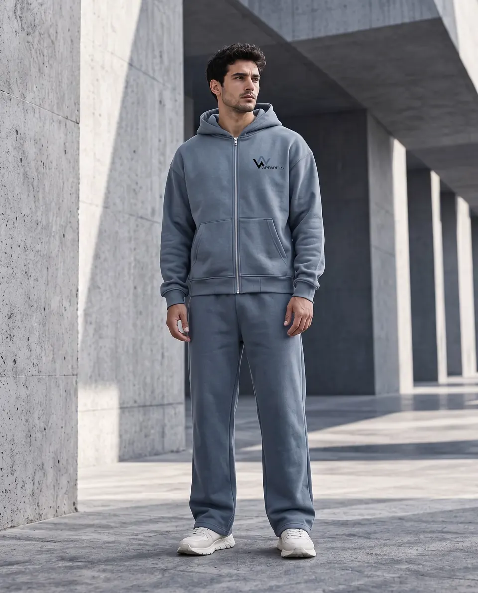 Model in a steel-blue zip hoodie and matching wide-leg sweatpants