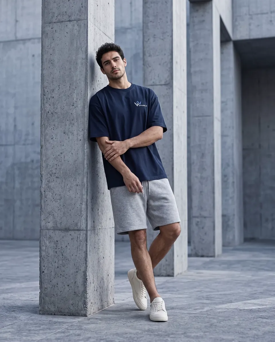 Model in relaxed knee-length grey fleece shorts and an oversized navy tee