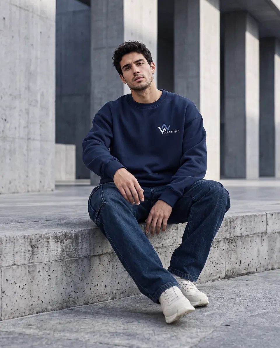 Model in a generous navy crewneck sweatshirt sitting on a concrete step