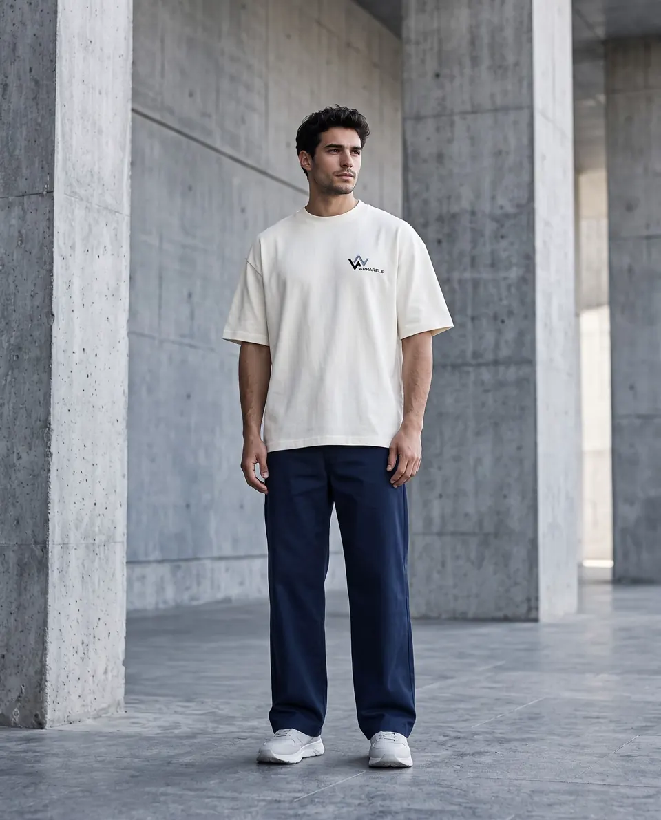 Model in a boxy off-white t-shirt and wide-leg navy trousers
