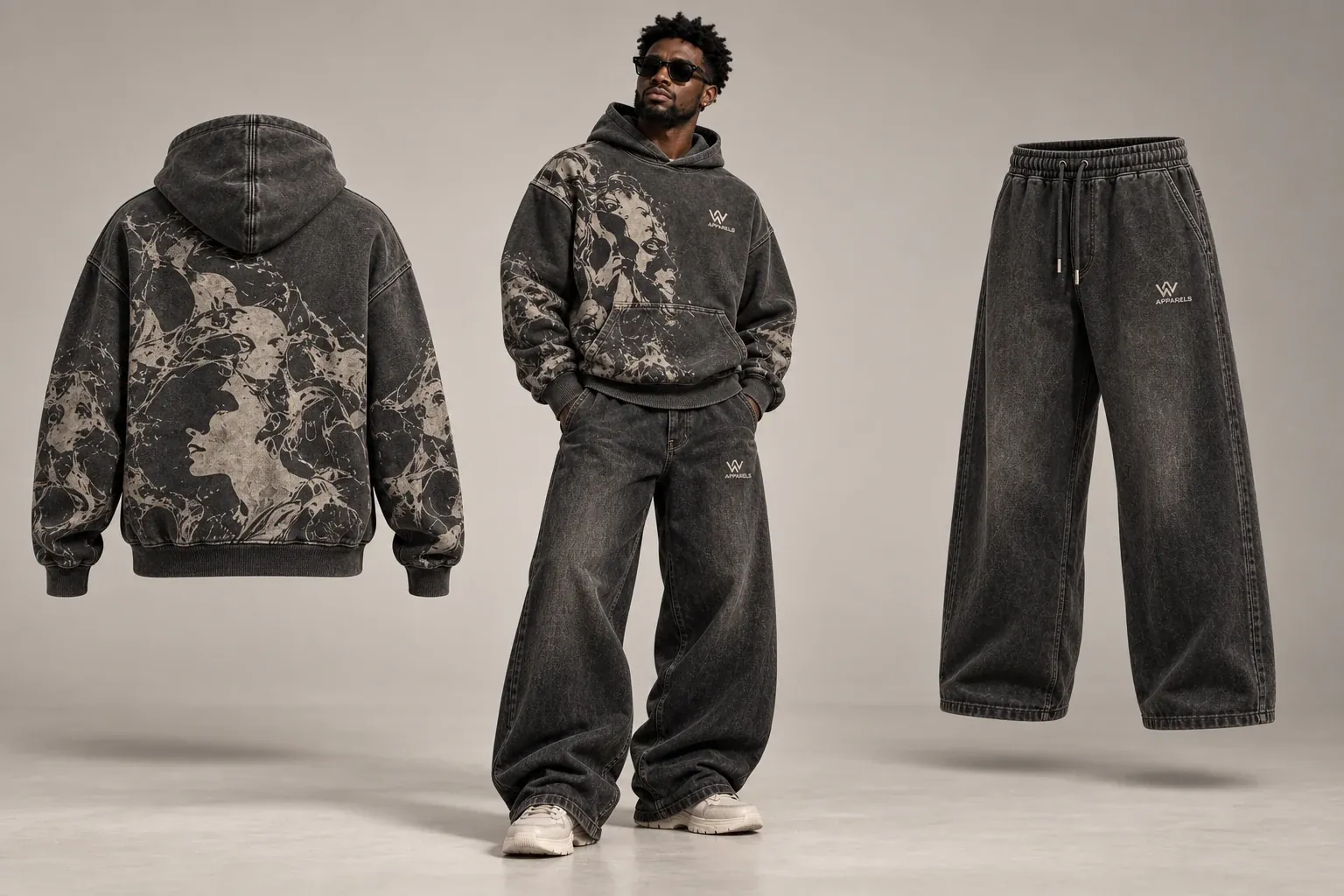 A printed washed hoodie, a model in the full printed look and matching wide-leg jeans