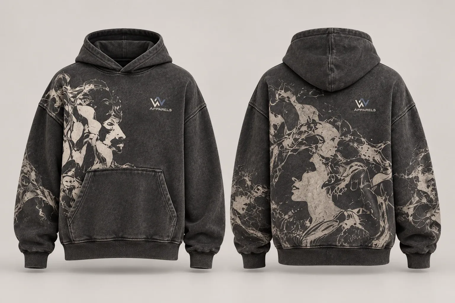 Washed charcoal hoodie front and back with a large tonal artwork print