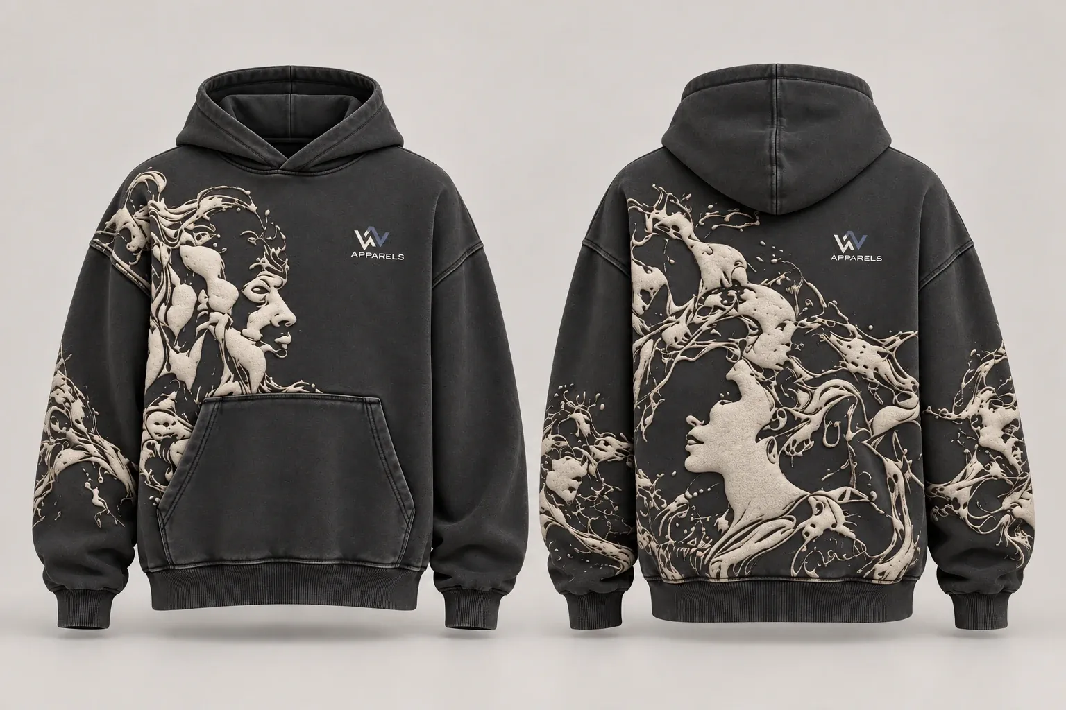 Washed hoodies showing a raised, embroidered-style artwork