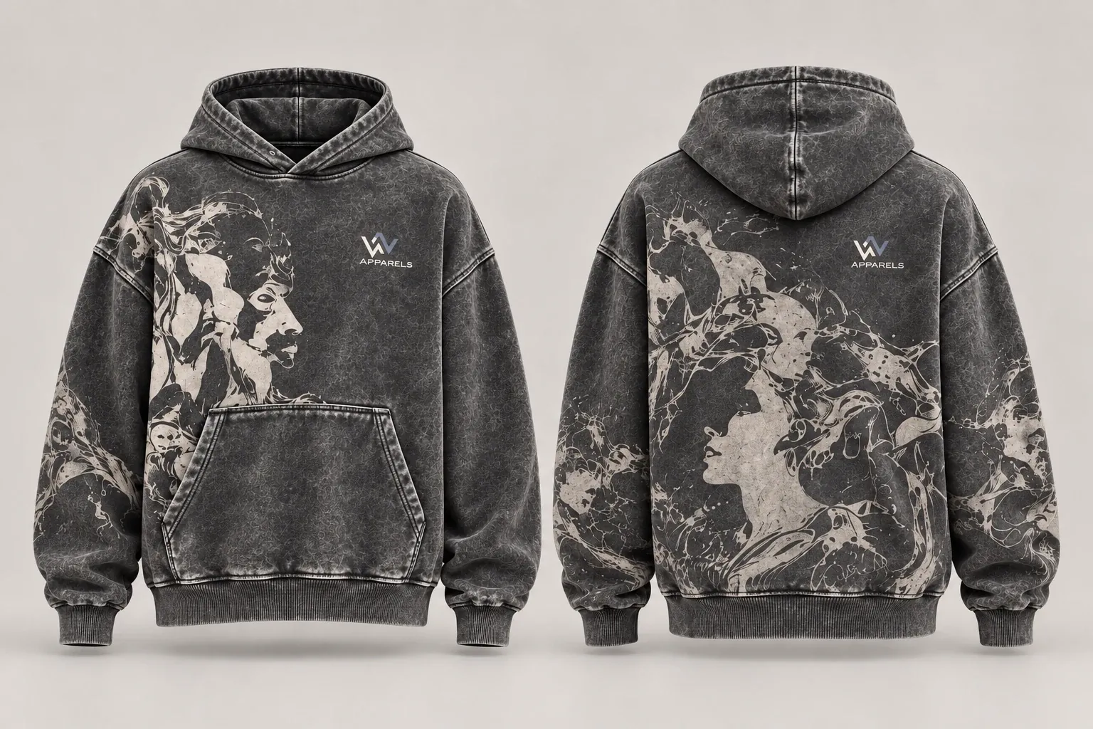 Hoodies front and back with a heavy washed surface finish