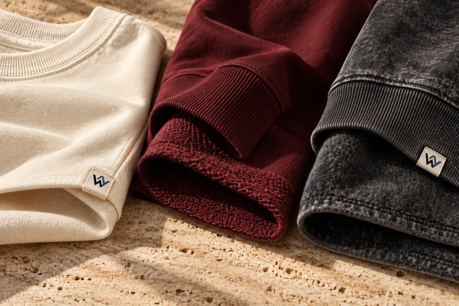 Folded cream jersey, burgundy fleece and washed charcoal fabric with small W labels