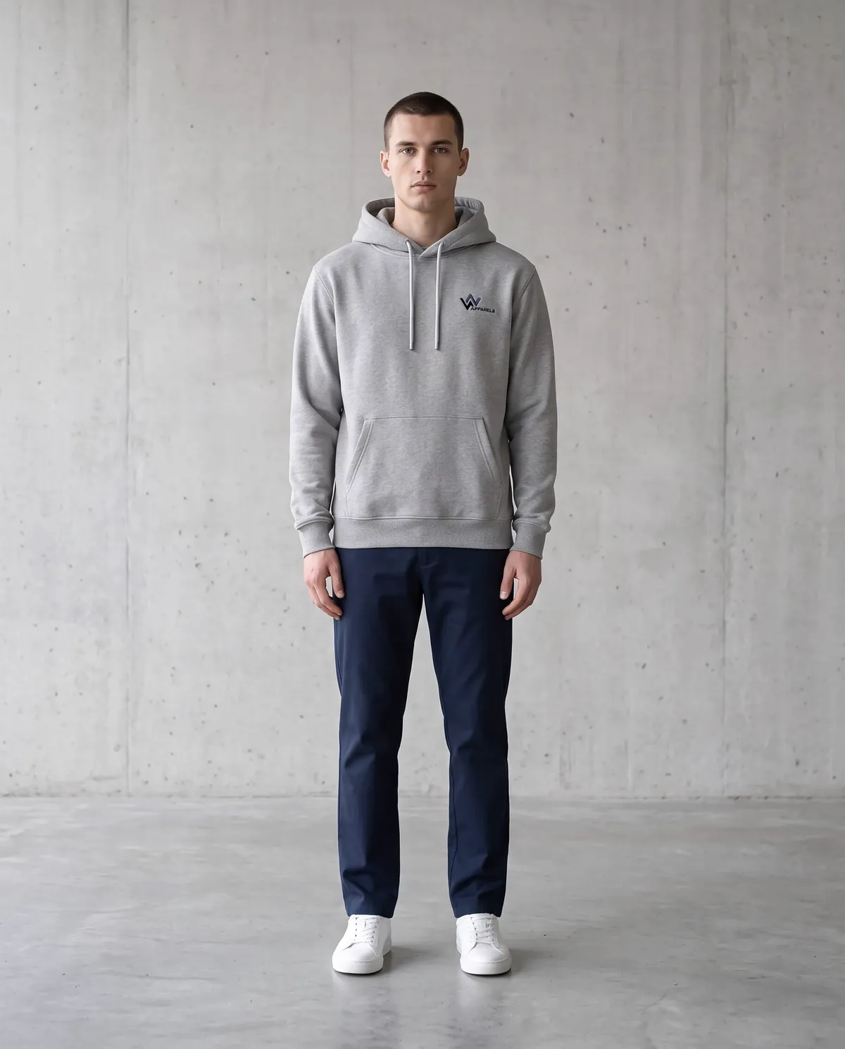 Model in a regular-fit heather-grey hoodie with the hood down