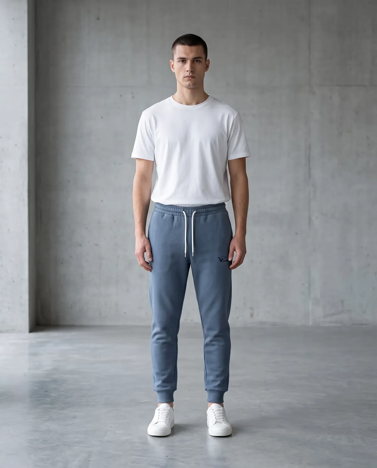 Model in slim tapered steel-blue joggers with ribbed ankle cuffs