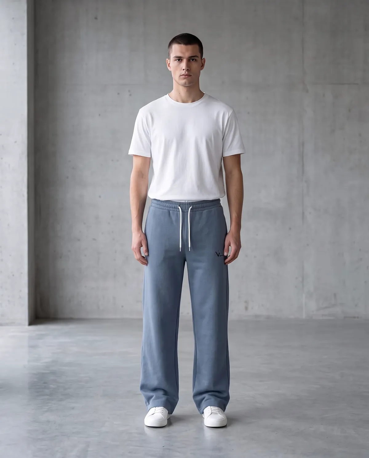Model in relaxed wide-leg steel-blue sweatpants