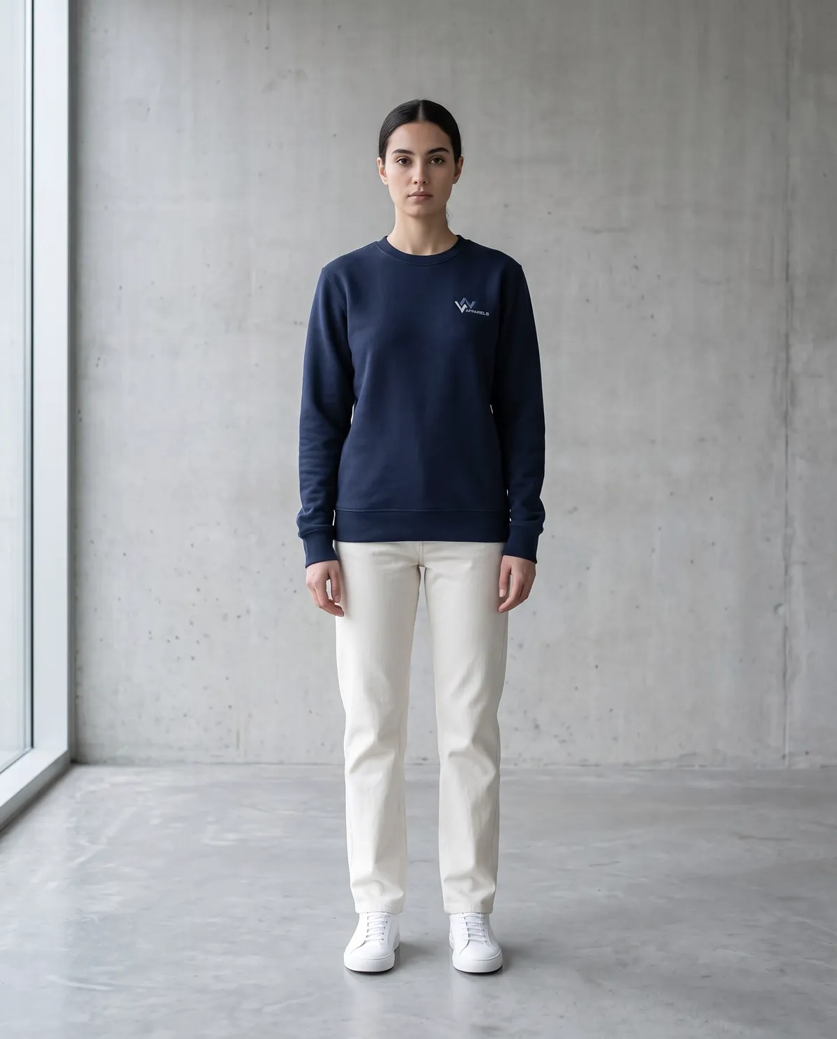 Model in a regular-fit navy crewneck sweatshirt