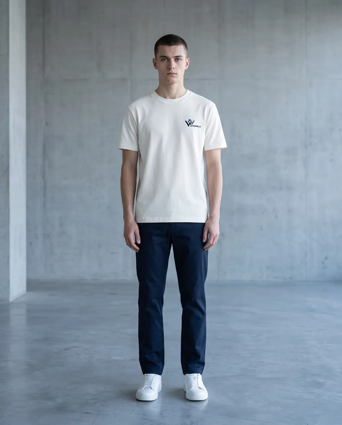 Model in a regular-fit off-white t-shirt and straight navy trousers