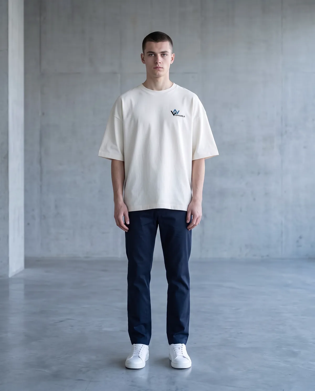 Model in a boxy oversized off-white t-shirt against raw concrete