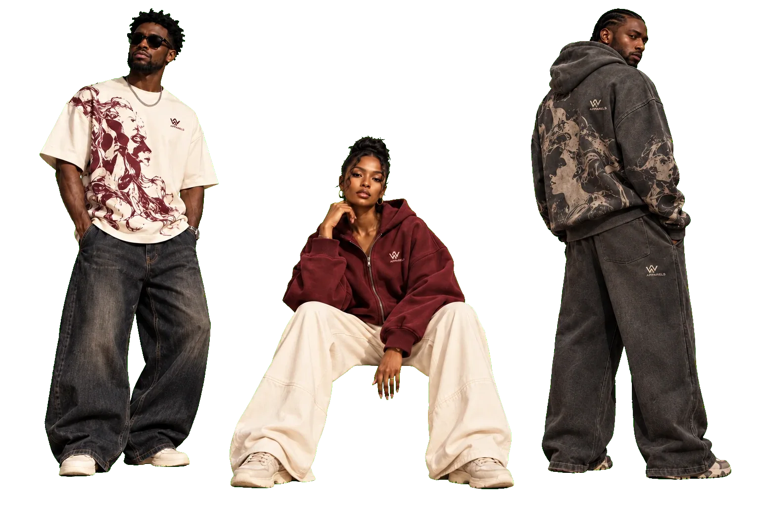 Three models in WhatsNext streetwear: a boxy printed tee with washed wide-leg denim, a burgundy zip hoodie with cream wide-leg trousers, and a printed washed hoodie with wide-leg jeans