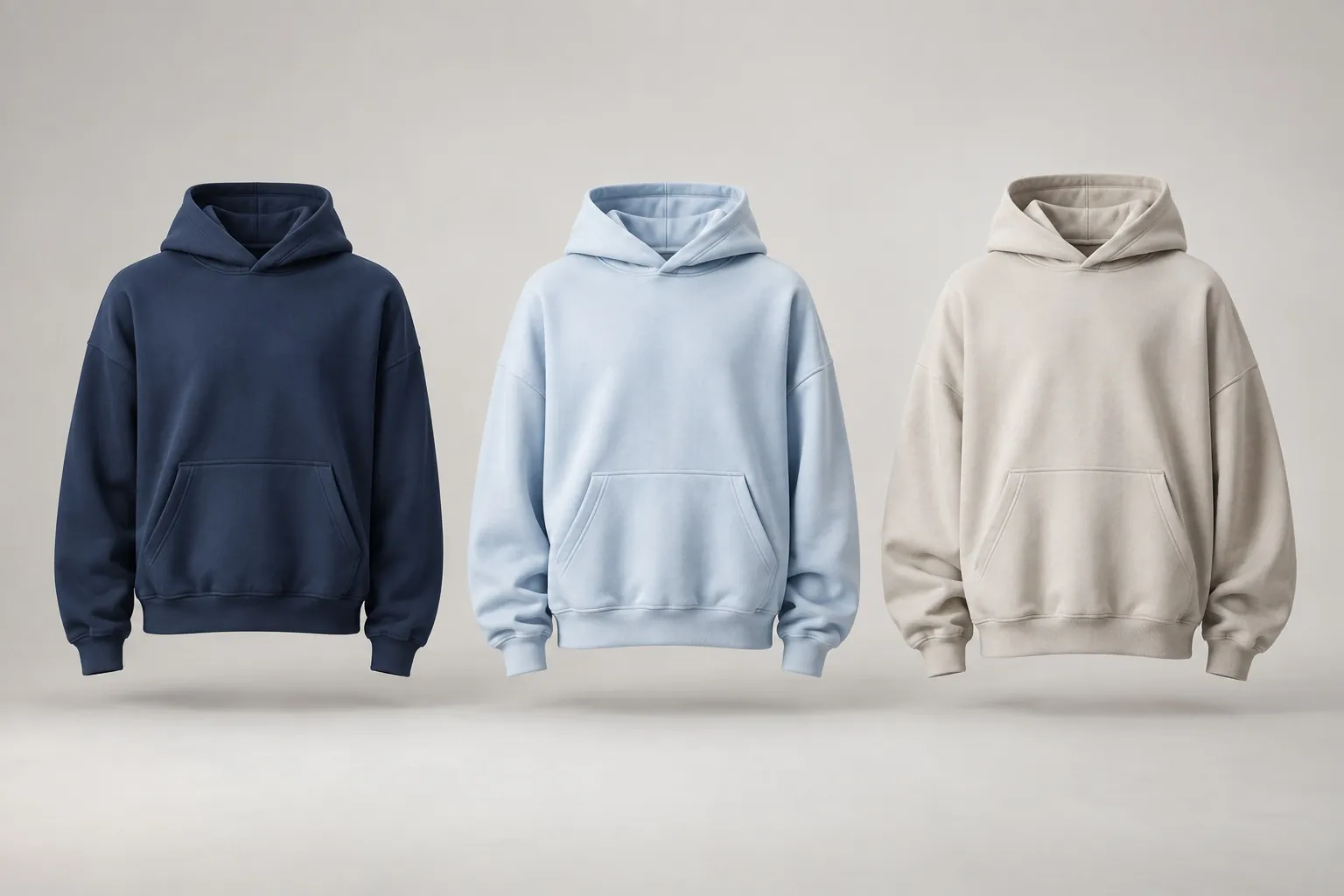 Navy, sky and stone hoodies in a relaxed oversized cut