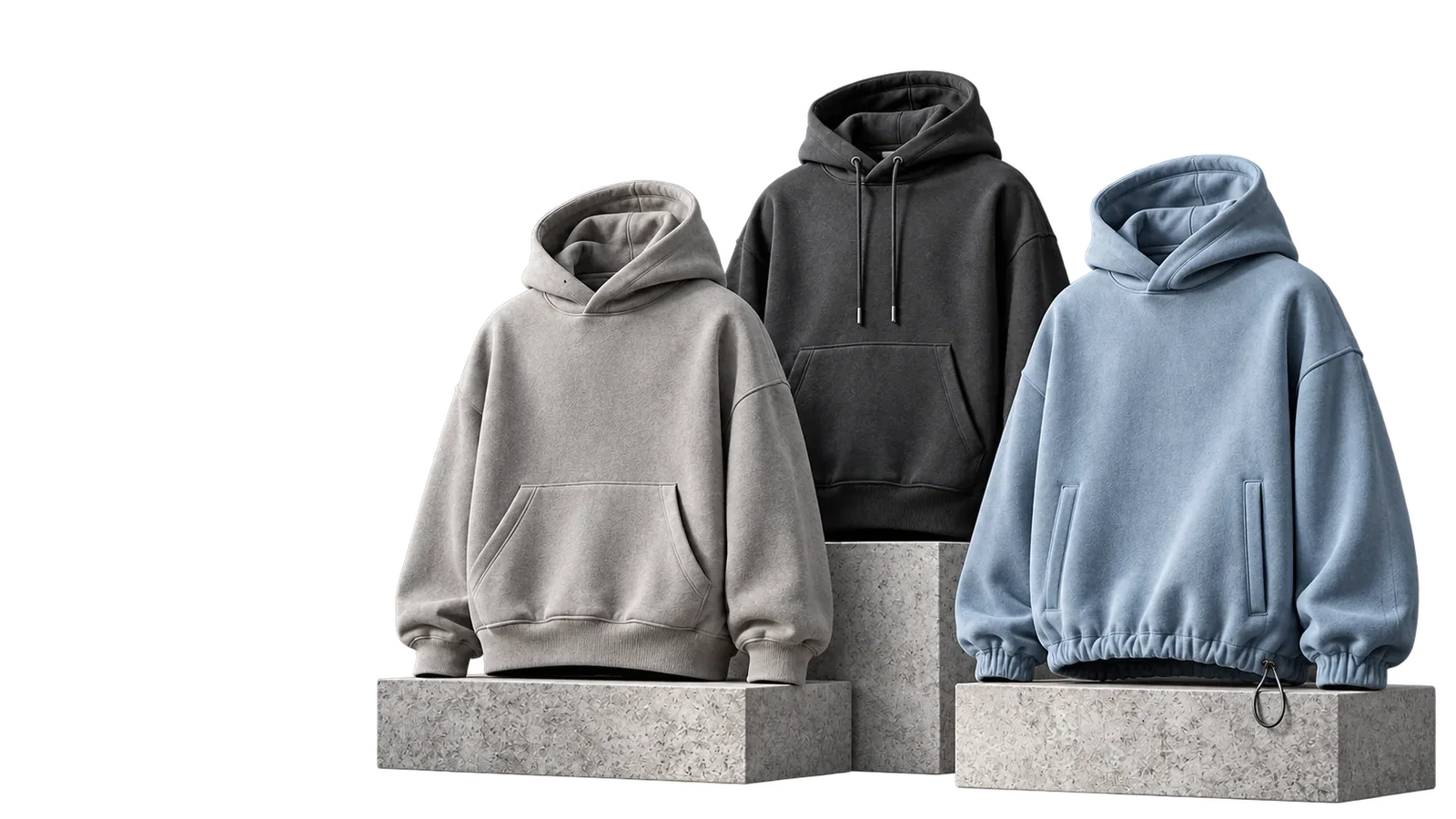 Three oversized hoodies in heather grey, washed black and washed blue on concrete plinths