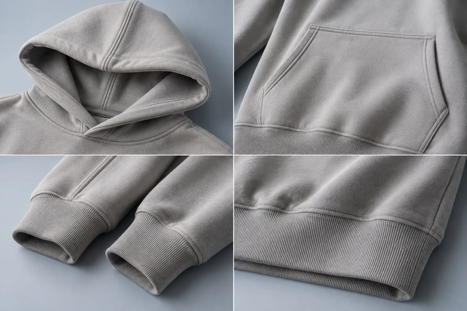 Grey hoodie details: hood, kangaroo pocket, rib cuffs and hem