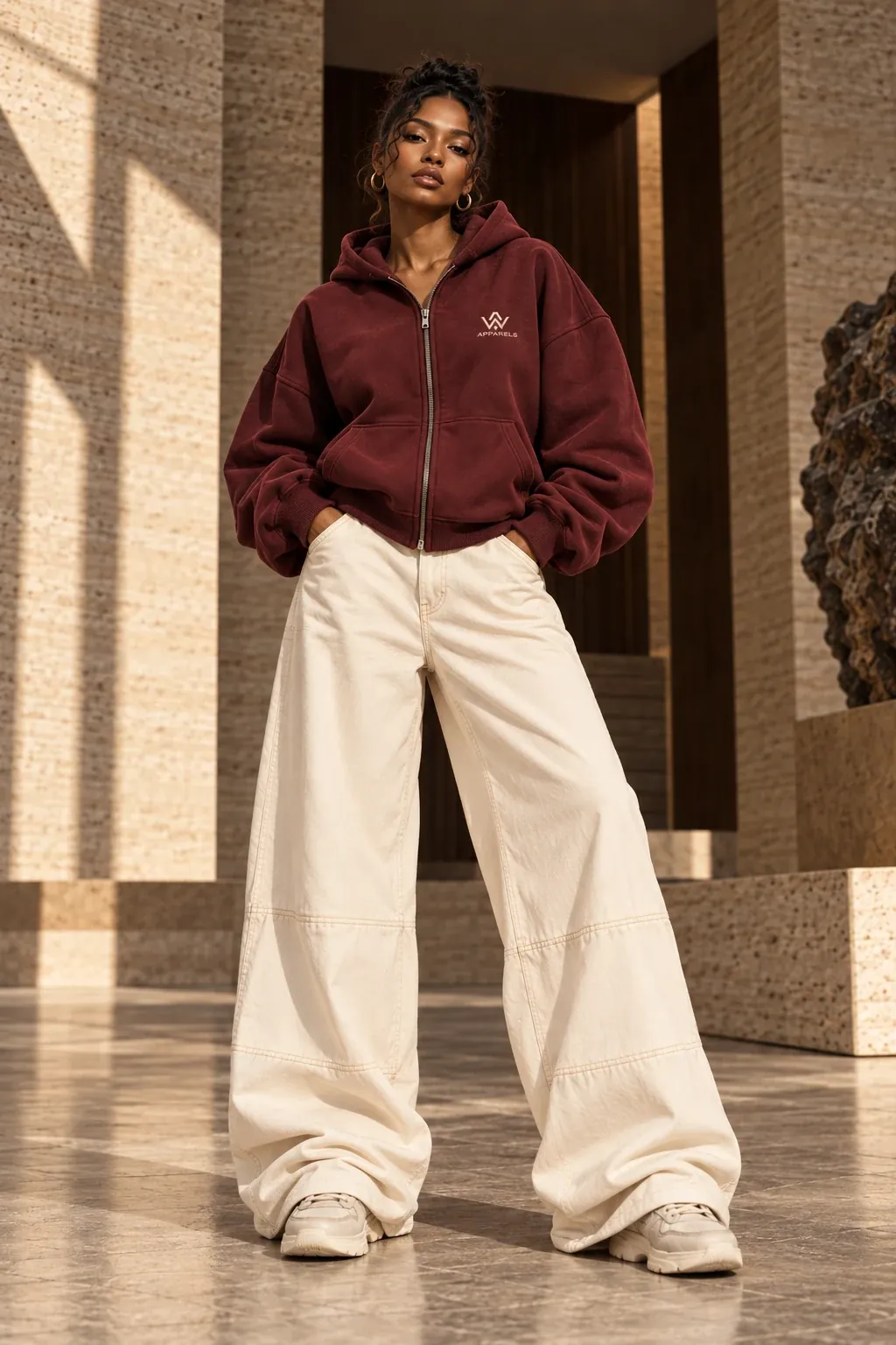 Model in an oversized burgundy zip hoodie and cream wide-leg trousers