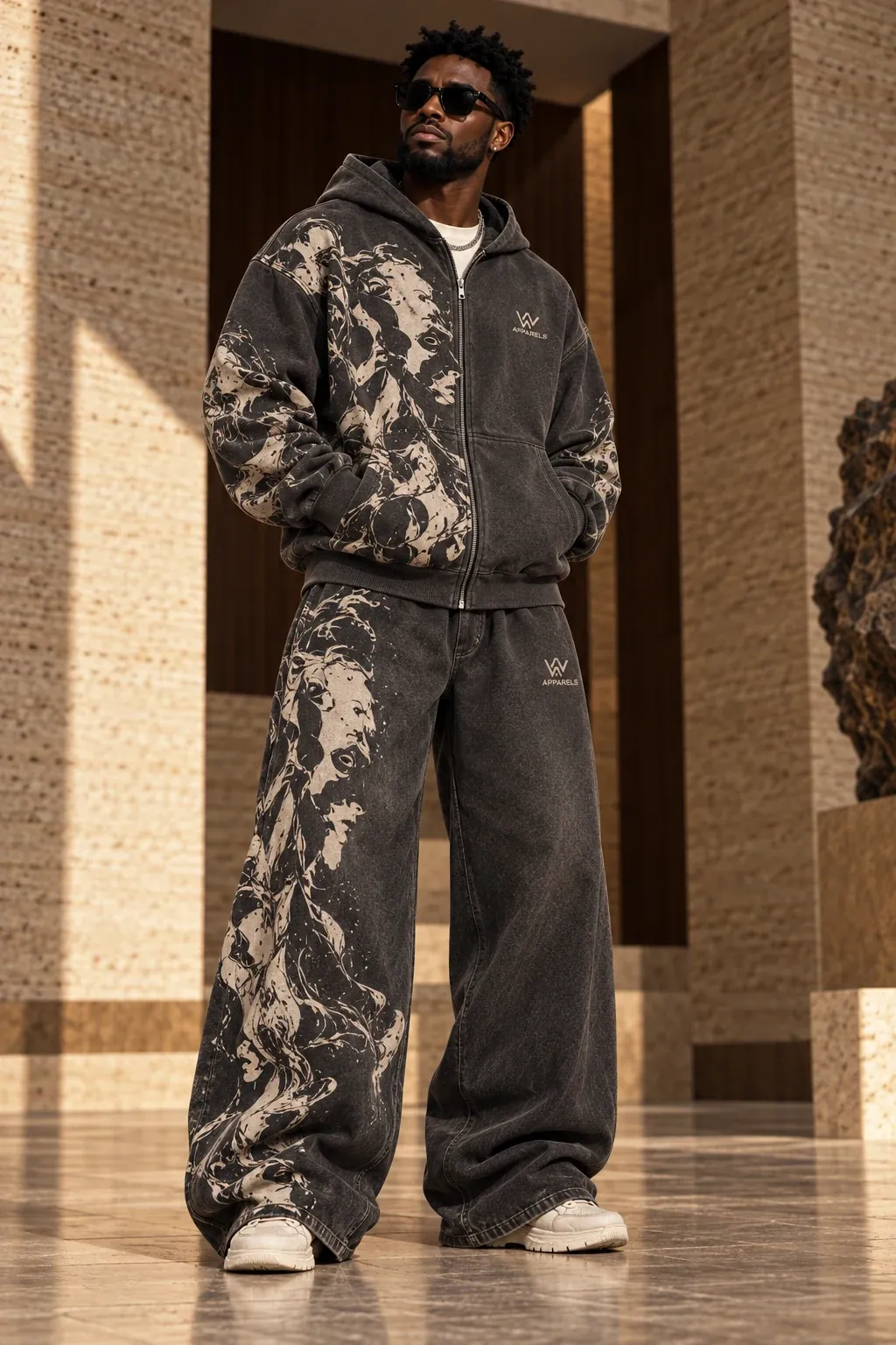 Model in a coordinated printed washed hoodie and wide-leg set