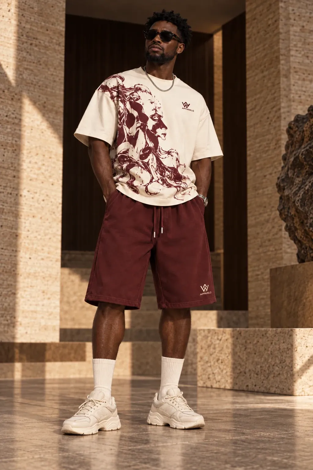 Model in a printed boxy tee and burgundy shorts with a small logo on the leg