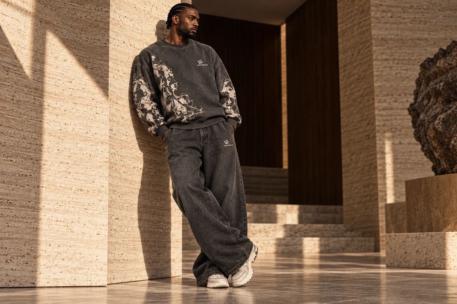 Model leaning on a stone wall in a printed washed top and wide-leg trousers