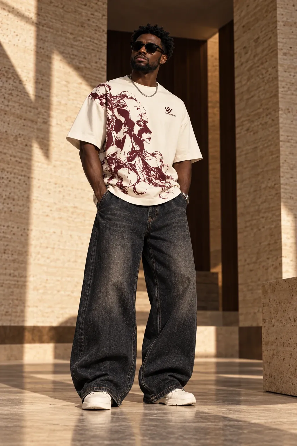 Model in a boxy cream tee with a burgundy print and washed wide-leg jeans
