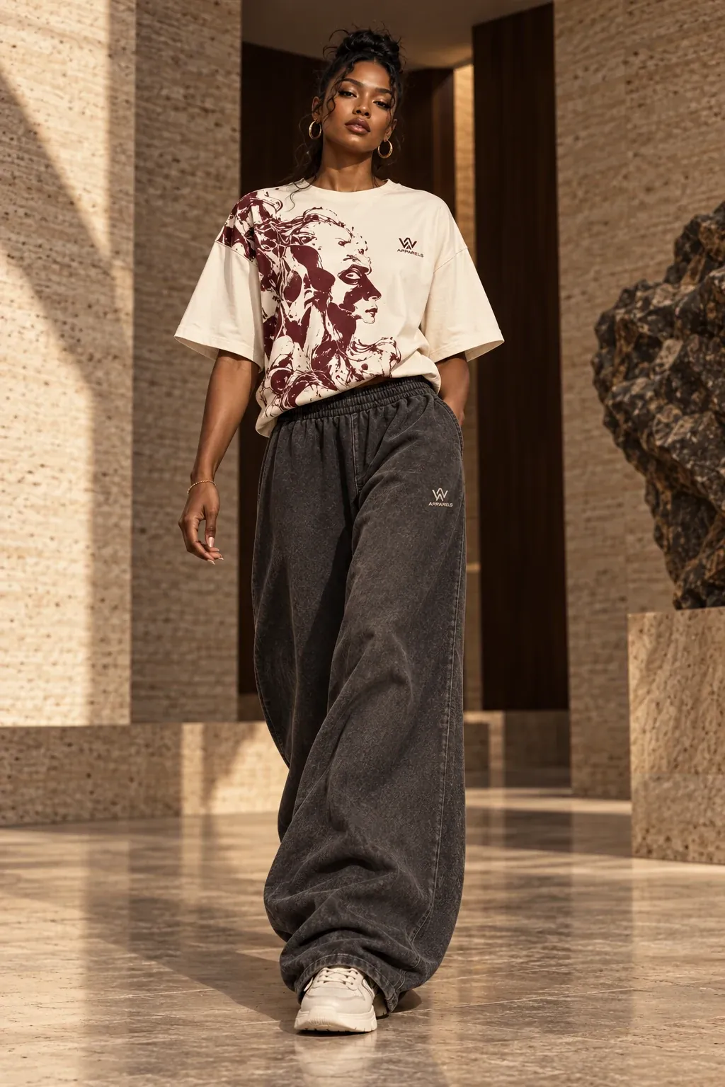 Model in a printed cream tee and washed wide-leg trousers