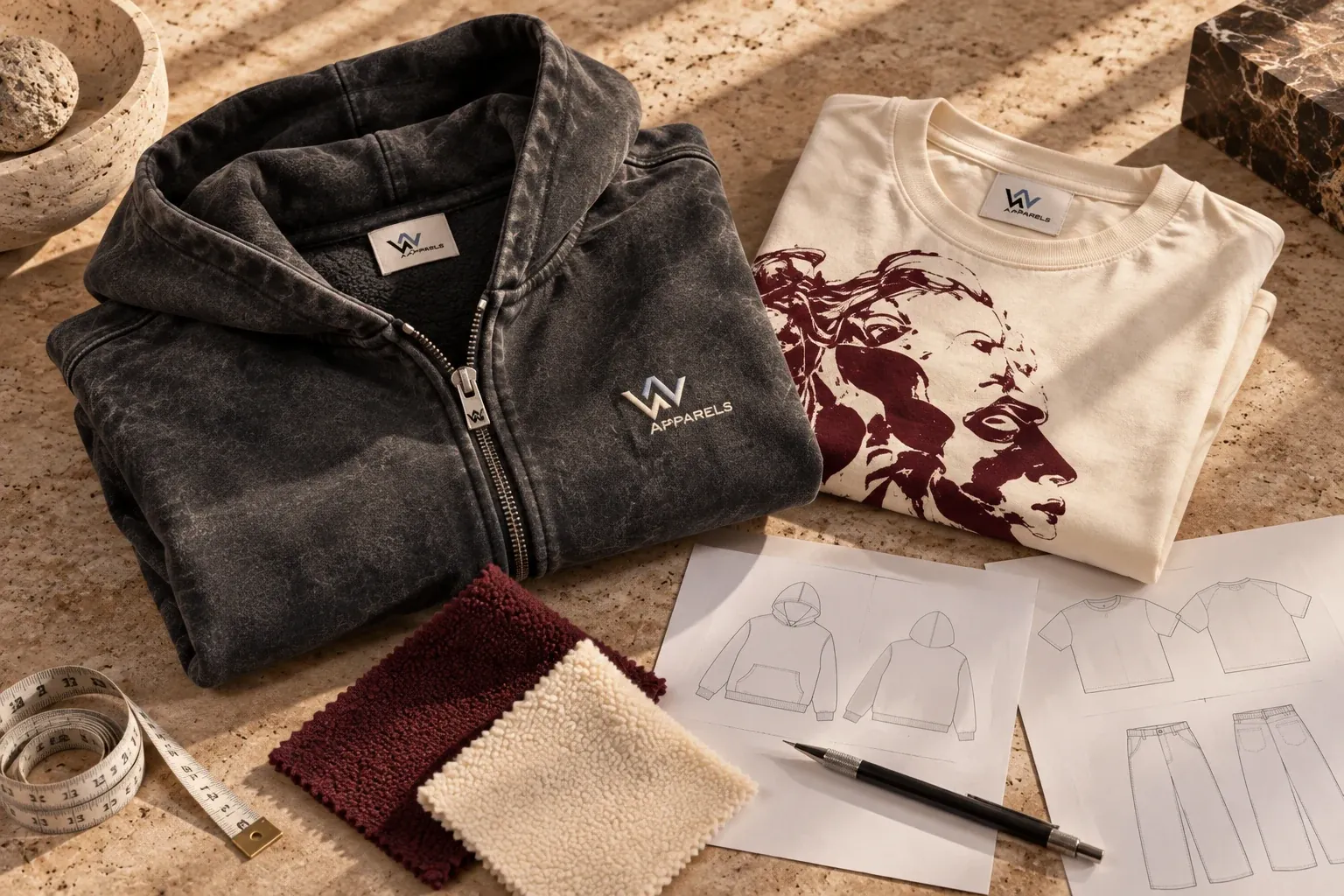 Flat lay of a washed charcoal zip hoodie, a printed cream tee, burgundy fabric swatch, pattern sketches and a pen