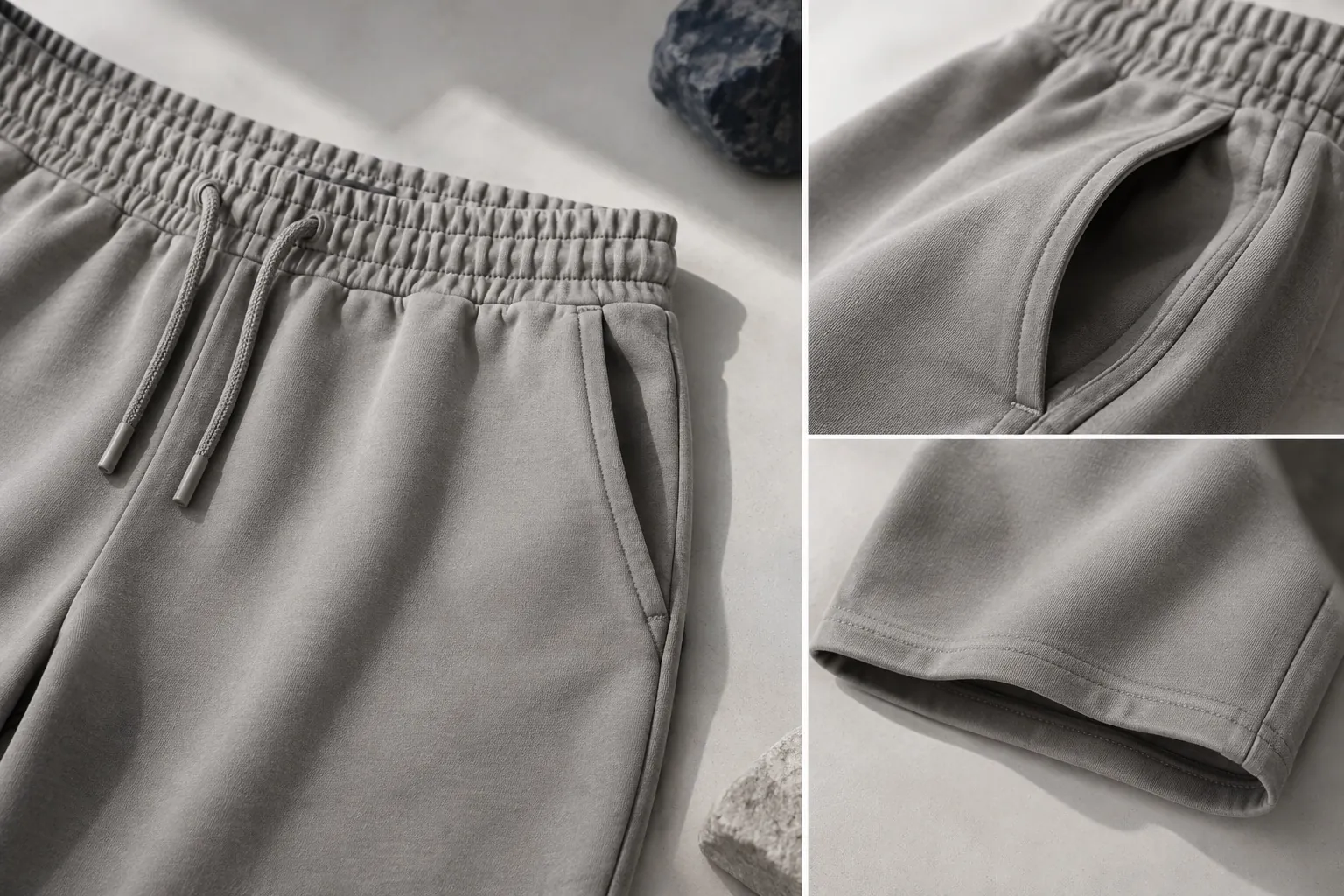 Grey fleece shorts details: waistband, drawcord, pocket and hem