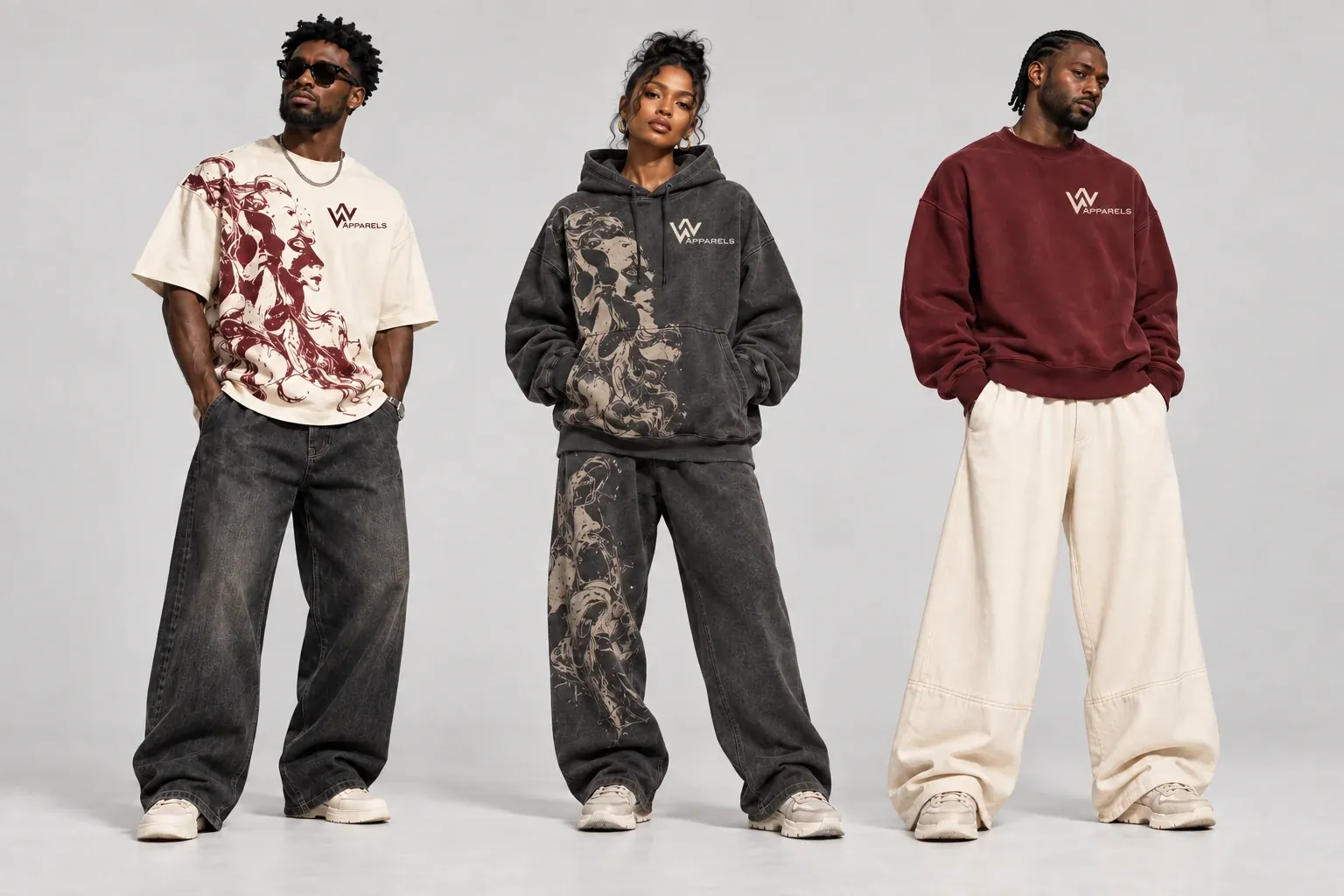 Three models in a stone hall: a boxy printed tee, a printed washed hoodie set and a burgundy sweatshirt