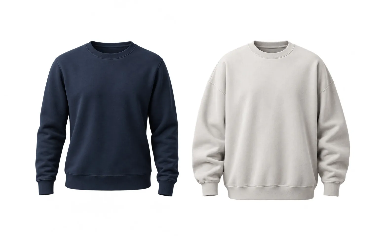 A regular navy crewneck beside a generous grey crewneck