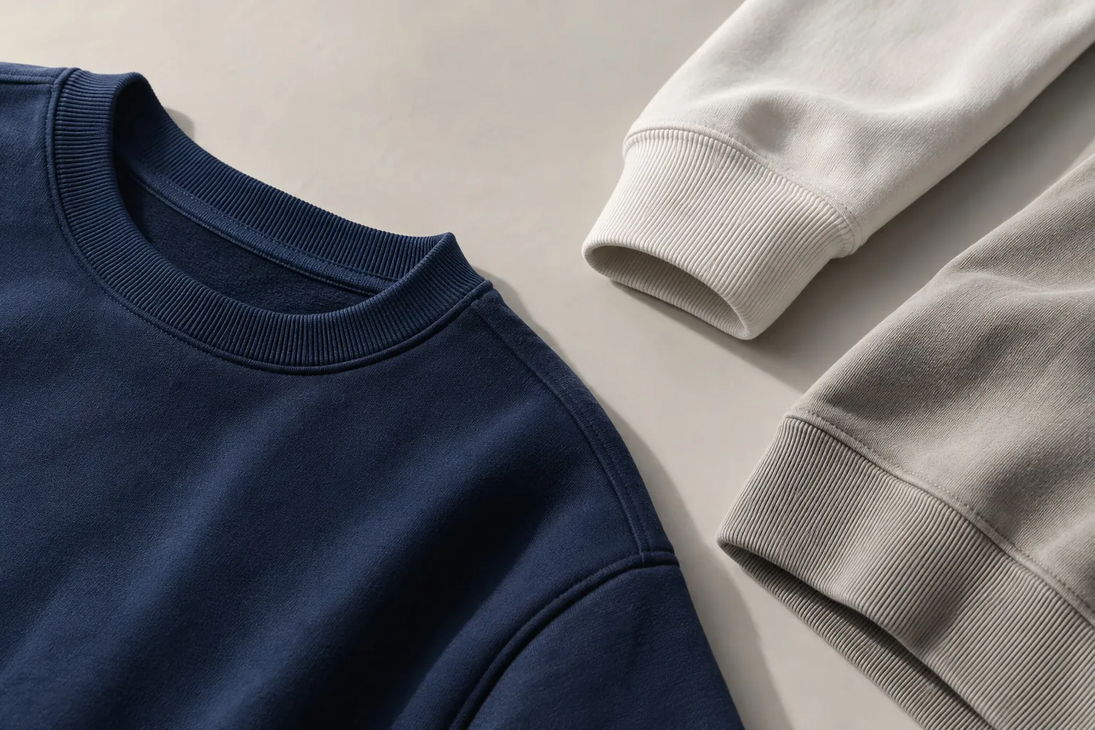 Close-up of a navy crewneck rib collar and a stone sweatshirt cuff