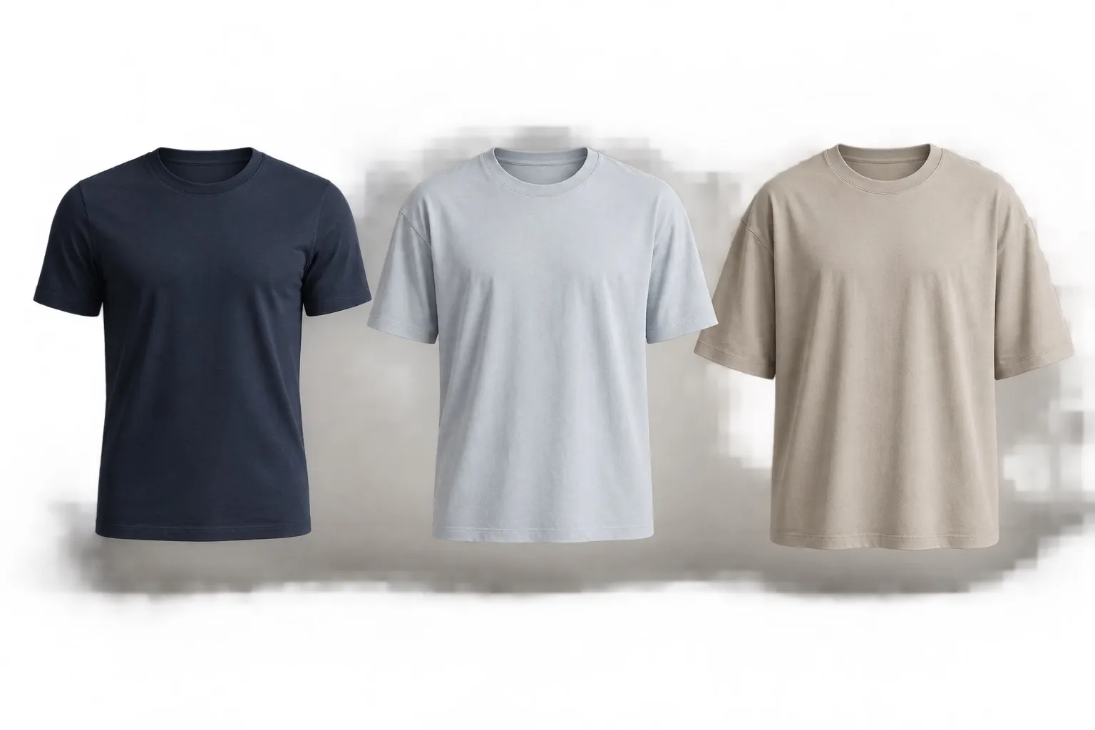 Navy, sky and stone t-shirts showing regular to boxy proportions