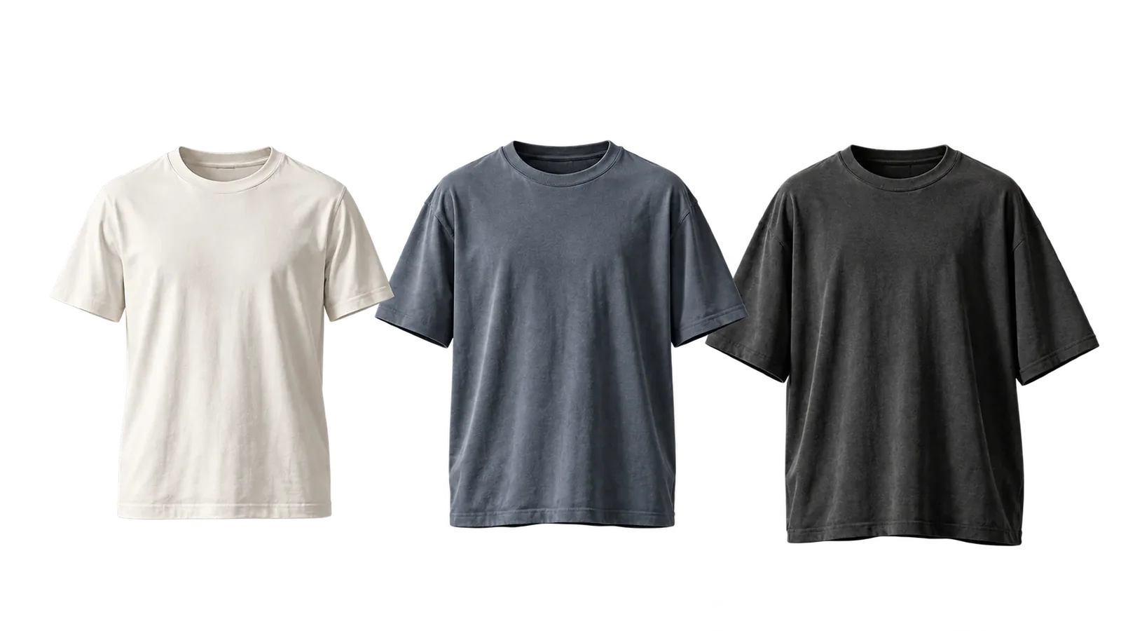 Three boxy streetwear t-shirts in off-white, washed slate and washed black
