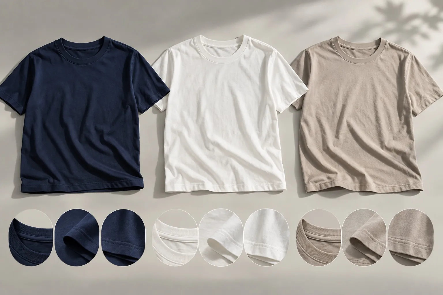 Navy, white and stone tees laid flat above rib and neckline swatches