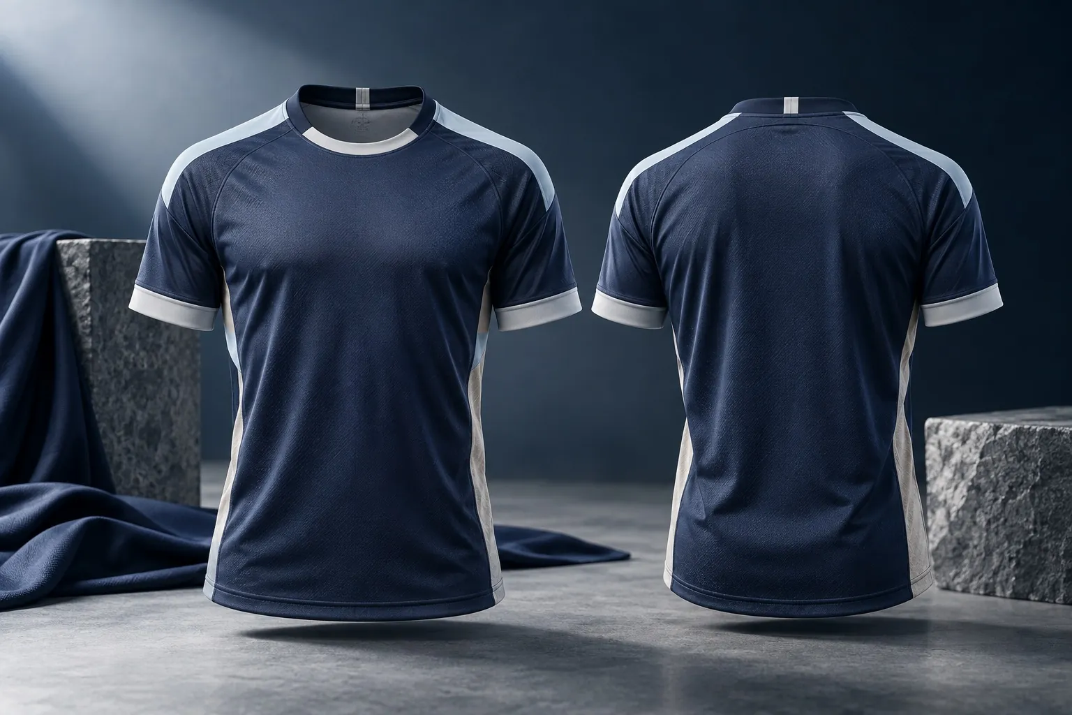 Front and back of a navy team jersey with sky-blue shoulder panels and white trims, on a concrete plinth