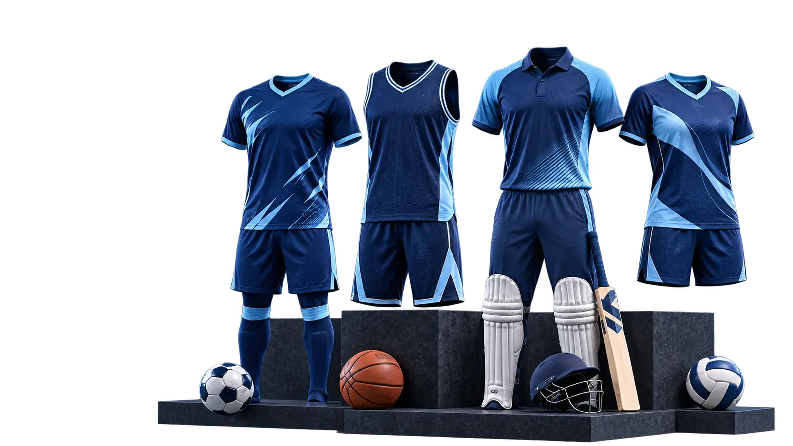 Soccer, basketball, cricket and volleyball kits in navy and sky blue on concrete plinths
