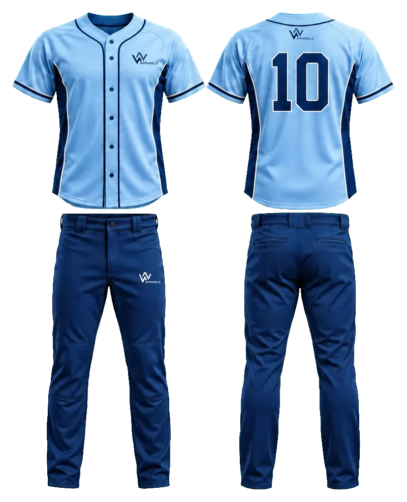 Baseball kit by WhatsNext: jersey and bottoms in navy and sky blue