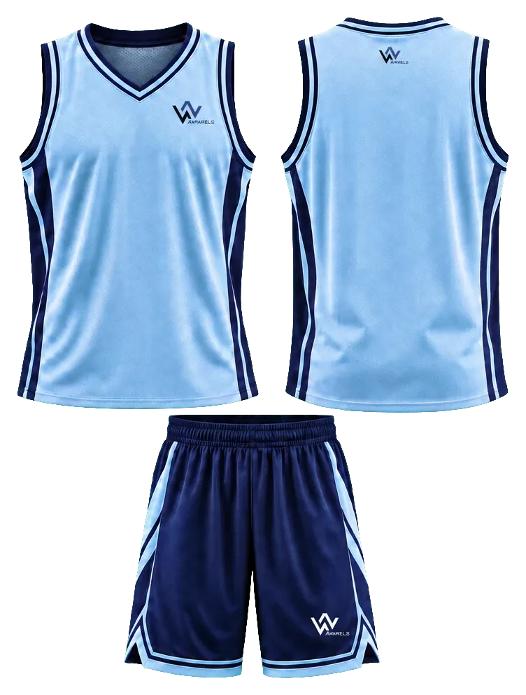 Basketball kit by WhatsNext: jersey and bottoms in navy and sky blue