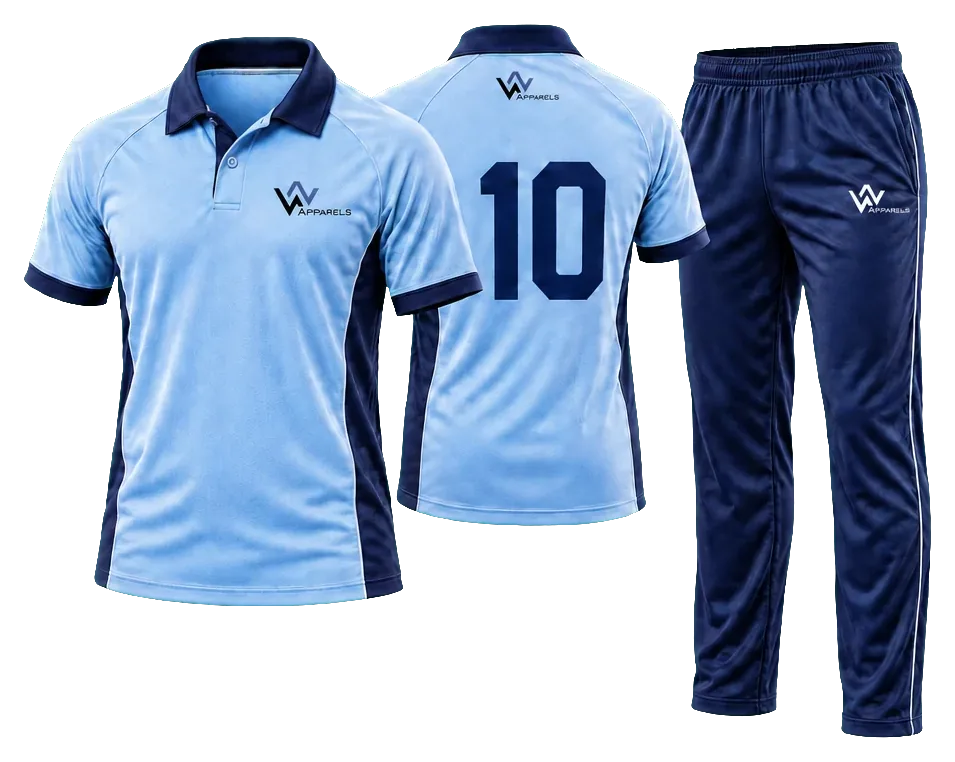 Cricket kit by WhatsNext: jersey and bottoms in navy and sky blue