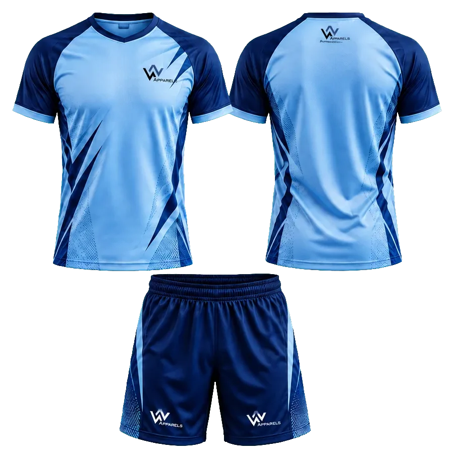 Handball kit by WhatsNext: jersey and bottoms in navy and sky blue