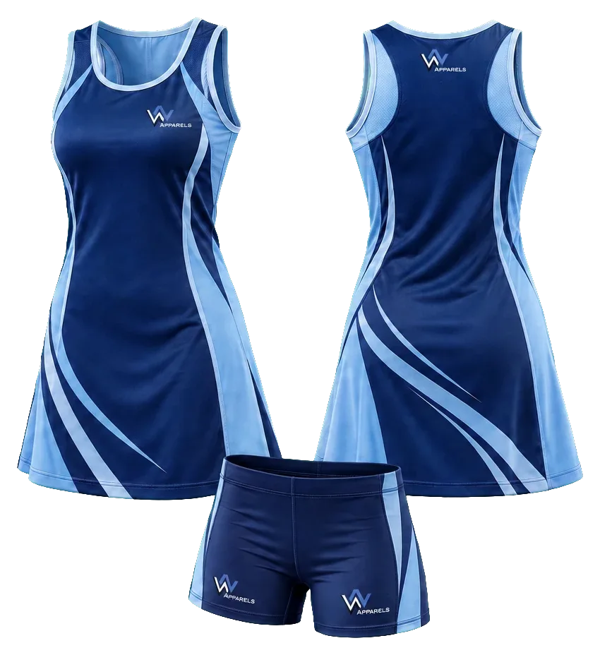 Netball kit by WhatsNext: jersey and bottoms in navy and sky blue