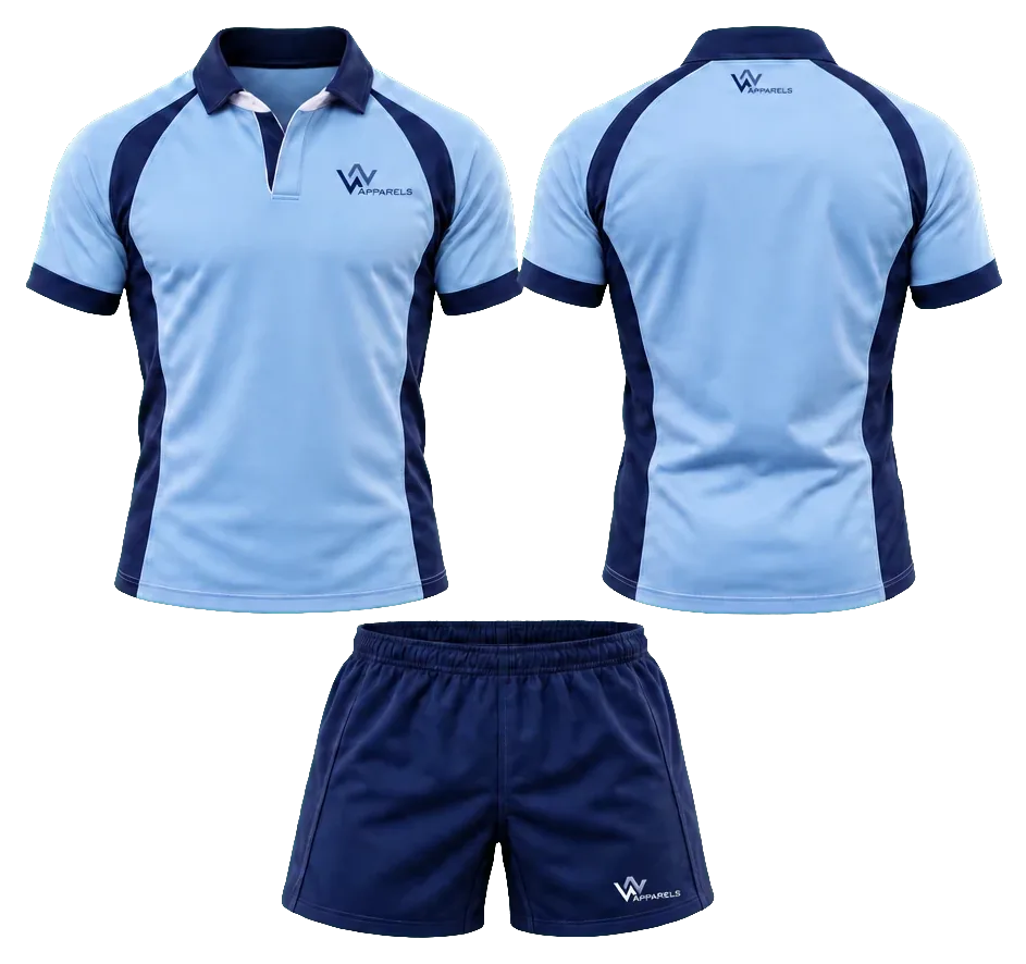 Rugby kit by WhatsNext: jersey and bottoms in navy and sky blue