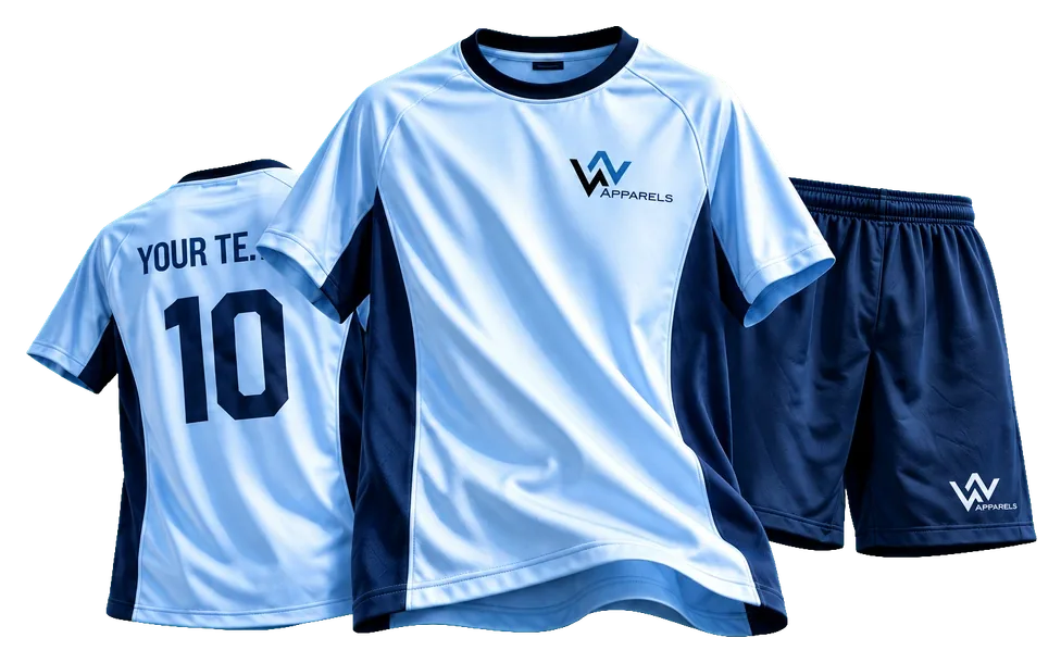 Soccer kit by WhatsNext: jersey and bottoms in navy and sky blue
